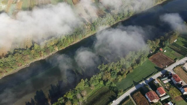Drone captures a smoke above Drina river in Bajina Basta, Serbia