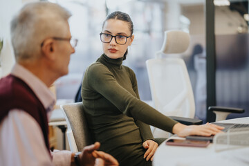 Cross generational coworkers discussing ideas for business growth in an indoor meeting.