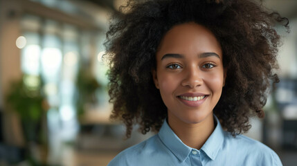 Fototapeta premium Young woman smiles with confidence in the office.