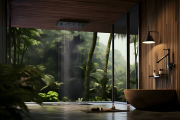 bathroom with a rainforest shower head and teak wood