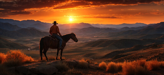 A lone cowboy, silhouetted against the fiery orange sky, perches on a rock with his horse overlooking the valley below in the setting sun. - Powered by Adobe