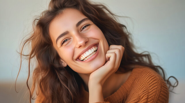 A happiness-filled woman exudes serenity as she smiles, showcasing her luxurious long hair and wearing a comfortable brown sweater.