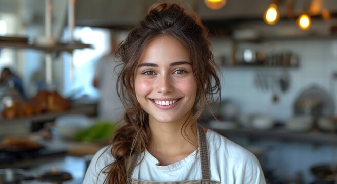 A radiant woman beams at the camera in her kitchen, her bright smile and cozy clothing reflecting the warmth and comfort of home