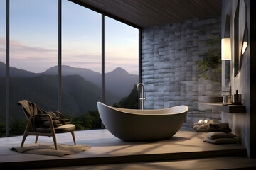 A bathroom with a soaking tub overlooking a scenic view
