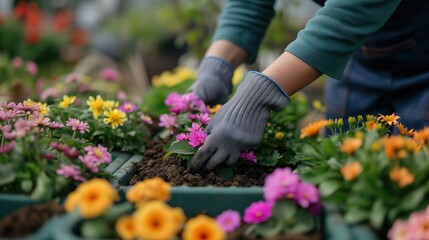Gardener planting colorful flowers in soil
