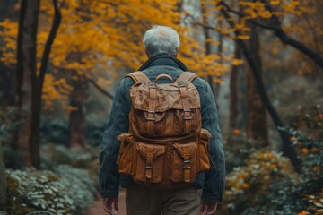 A lone traveler immerses himself in the peaceful solitude of nature, surrounded by towering trees and a majestic statue, as the autumn leaves gently rustle beneath his feet during a serene fall hike 