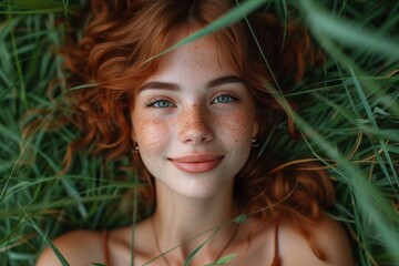 A radiant redhead woman, with a warm smile and delicate features, rests in a sea of vibrant green grass, her face framed by cascading brown hair and long lashes, capturing the essence of natural beau