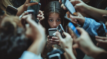 A group of diverse individuals enthusiastically raise their cell phones in a synchronized display of connectivity and communication. - obrazy, fototapety, plakaty