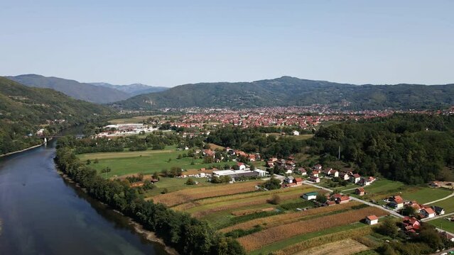 Town Bajina Basta on river Drina surrounded with Tara mountains