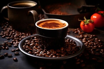 Cup of coffee with coffee beans closeup dark background