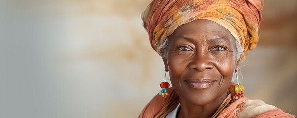 Portrait of an old African woman on a dark background. Generative AI.