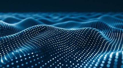 Background big data visualization futuristic technology. Abstract blue background. Beautiful motion waving dots texture with glowing defocused particles.The glow of a fractal element in a futuristic