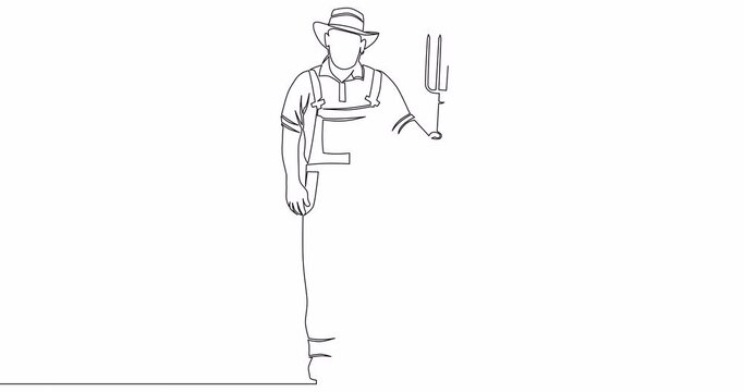 Self drawing line animation male farmer holding pitchfork continuous one single line drawn concept video