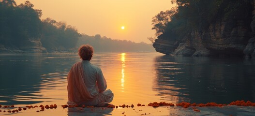 As the fiery sun sinks below the horizon, a solitary figure gazes out over the tranquil waters of the lake, surrounded by the serene beauty of nature's embrace