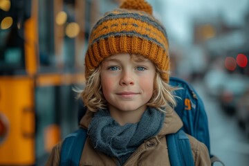 A young girl braves the winter chill in a stylish beanie and cozy scarf, adding a touch of street fashion to the chilly outdoor scene