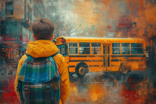 A young artist eagerly awaits the start of a new adventure as he stands before a vibrant yellow school bus, ready to embark on a journey of knowledge and growth