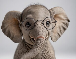 Funny Adorable Baby Elephant in Big Eye Glasses, Radiating Pure Joy and Endearing Charm – A Heartwarming Snapshot of Playful Innocence