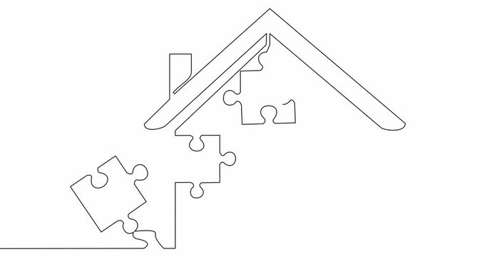 Self drawing line animation modular house puzzle construction continuous one single line drawn concept video