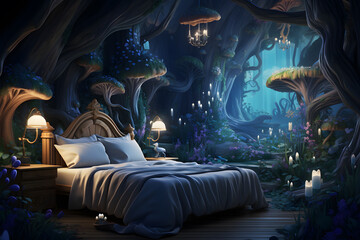 A bedroom wall mural with a whimsical fairytale forest