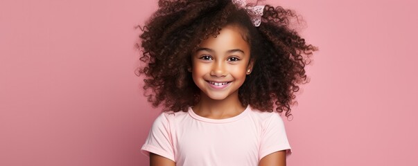 Pretty smiling young dark-skinned girl on a pink background. Generative AI.