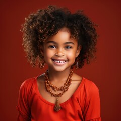 Pretty smiling young dark-skinned girl on a red background. Generative AI.