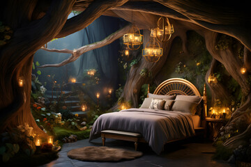 A bedroom wall mural with a whimsical fairytale forest
