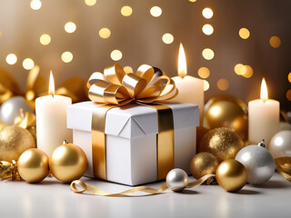 Fototapeta na wymiar white and gold gift, luxury, golden ribbon, gold wrapping, christmas, birthday gift. ai