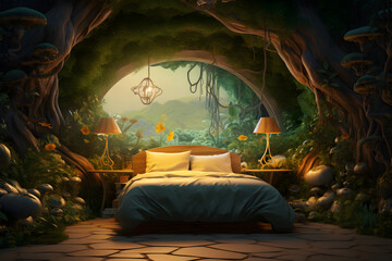 A bedroom wall mural with a whimsical fairytale forest