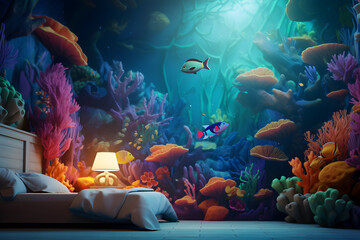 A bedroom wall mural with an abstract dreamy underwater world