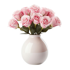 Beautiful bouquet of pink roses in a vase isolated on white or transparent background, png clipart, design element. Easy to place on any other background.