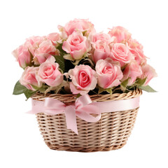 Fototapeta na wymiar Beautiful pink rose flowers in a small wicker basket isolated on transparent background, png clip art, design element.
