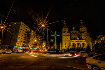 Church of Ascension and St. Nicholas, Sibiu, Romania, long exposure photograph in the city at night, starlight effect