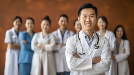 Fototapeta na wymiar smiling Asian doctor in white coat surrounded by diverse doctors and nurses, 