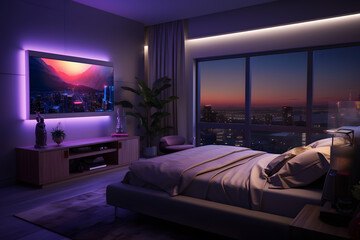 A bedroom with a built-in entertainment center  - obrazy, fototapety, plakaty