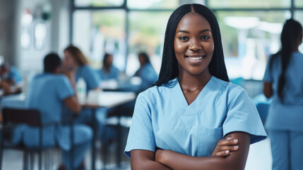 female nurse in blue scrubs with a stethoscope