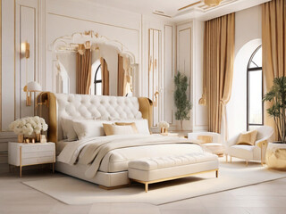 Luxury modern bedroom with golden and white bed 
