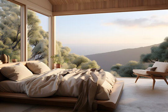 A bedroom with a cozy window seat overlooking a scenic view