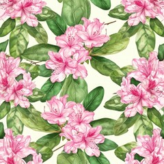 Watercolor rhododendron flowers with leaves seamless pattern.