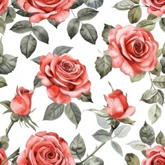 Watercolor rose flowers with leaves seamless pattern.