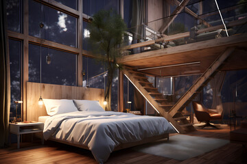 A bedroom with a modern treehouse bed - obrazy, fototapety, plakaty