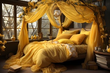 A cozy yellow bedroom with a canopy bed, softly draped with flowing fabric that adds an ethereal touch to the room.