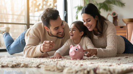 heartwarming family scene where a man, woman, and a young girl are lying on their stomachs on a carpet, smiling at a pink piggy bank