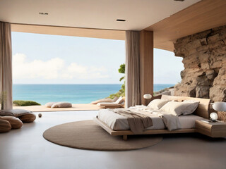 Fototapeta premium Modern Badroom of luxury hotle, HD view, with view beach view through window, 
