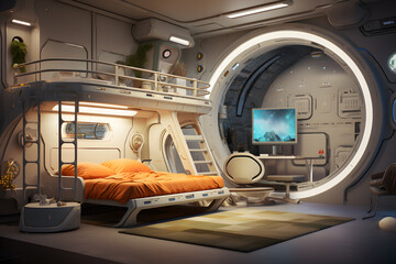 A bedroom with a spaceship bunk bed - obrazy, fototapety, plakaty