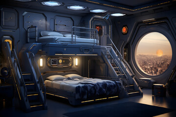 A bedroom with a spaceship bunk bed