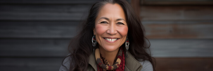 Beautiful middle-aged Native American woman in her fifties, smiling, expressing positivity and confidence