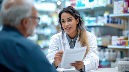 female pharmacist is consulting with an elderly male customer in a pharmacy
