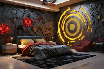 A bedroom with a superhero themed design - obrazy, fototapety, plakaty