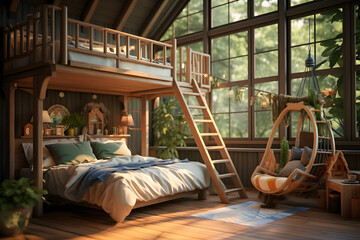 Obraz na płótnie Canvas A bedroom with a treehouse bunk bed