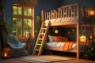 A bedroom with a treehouse bunk bed